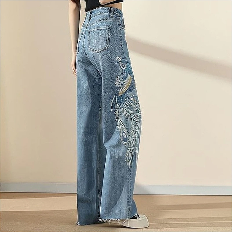 

Women Denim Jeans Embroidered Pants Pocket Button Zipper Fly Empire Waist Full Length Wide Leg Pants Loose Casual 2026 Spring