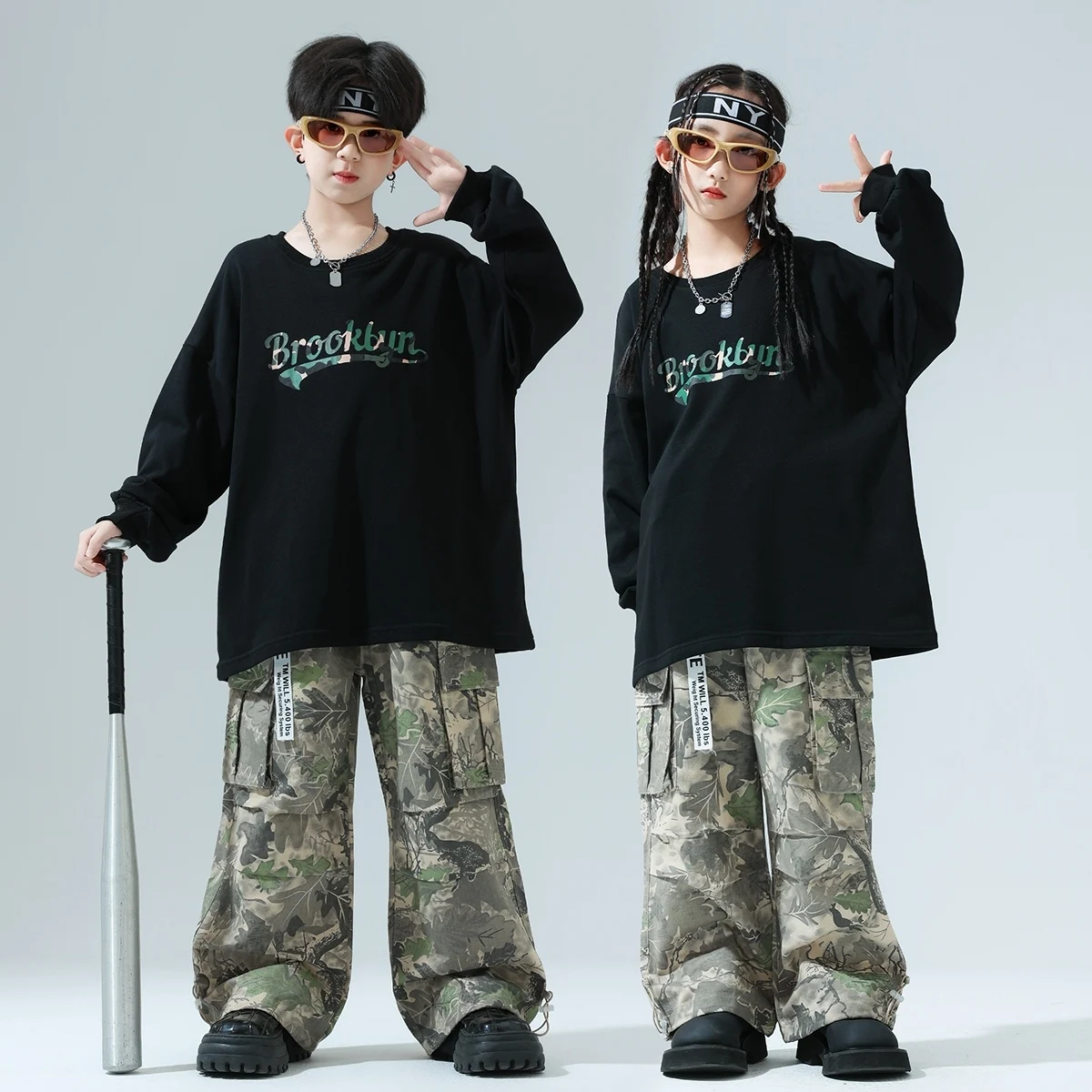 Kinder Kostüme Schwarz Langarm Tops Camouflage Cargo Hosen Street Dance Hip Hop Kinder Jazz Dance Performance Tragen DN20109