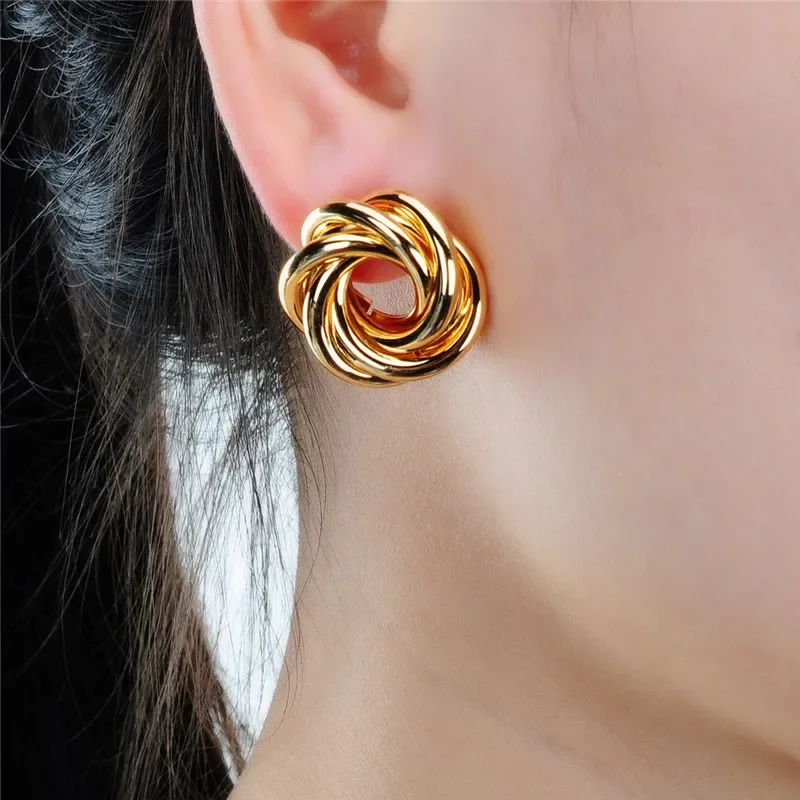 New Trend Geometric Metal Winding Twist Gold Color Flower Stud Earrings for Female Punk Temperament Jewelry Wholesale Girl Gift