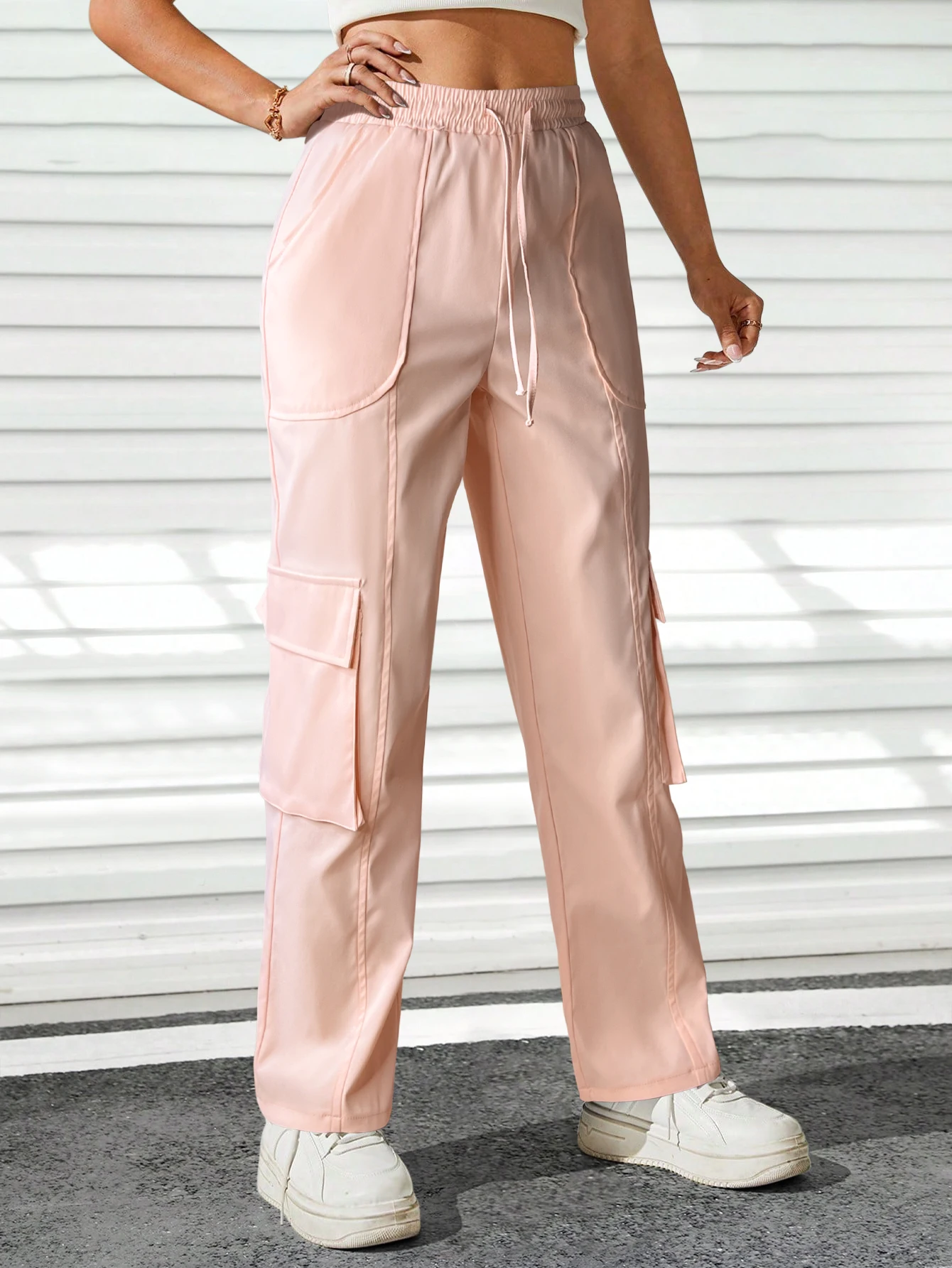 Y2k Patch Pocket Drawstring Elastic Waist Overalls Women's High Waist Slant Flap Pockets Stitching Seam Trousers For Street
