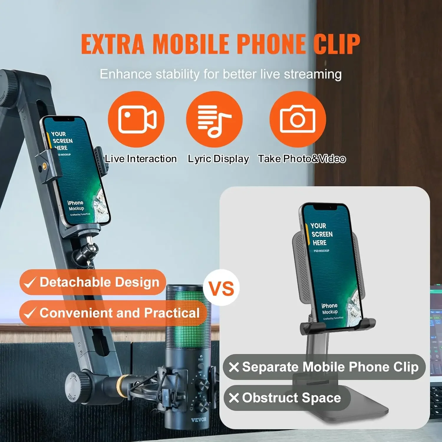 Microphone Boom Arm with Desk Mount, 360° Rotatable, Adjustable Mic Stand with 3/8" to 5/8" Adapter Port