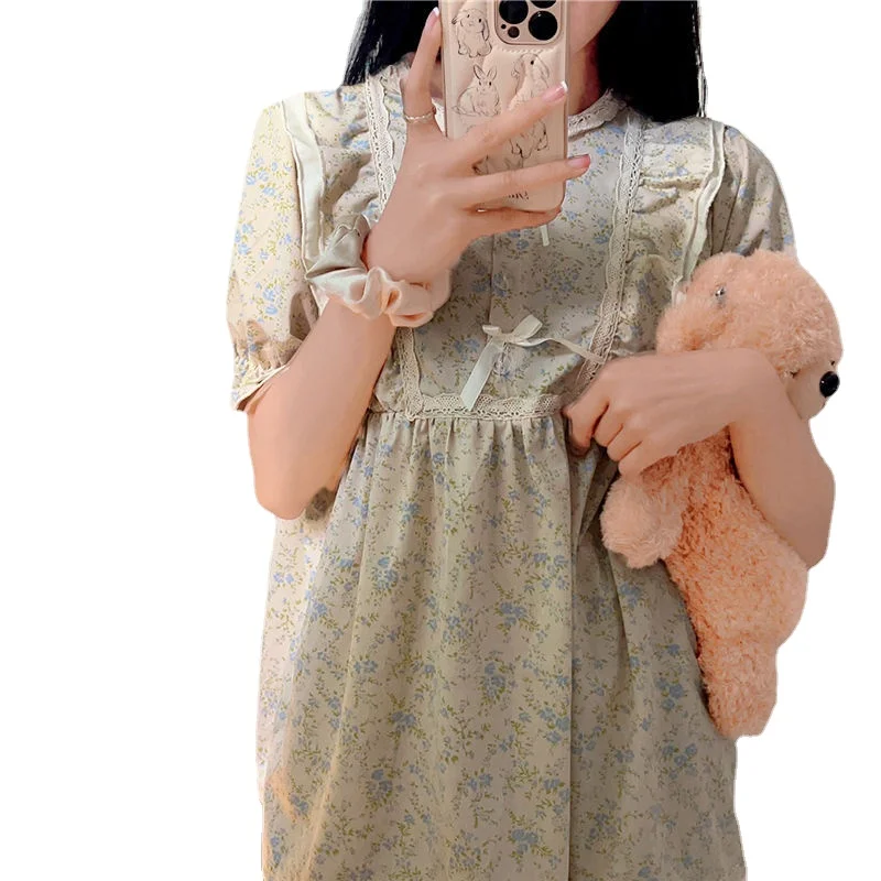 Floral Print Sleepwear Womens Vintage Nightgown Korean Ruffles Short Sleeve Night Dress One Piece Pajama Summer Lace Home Wear