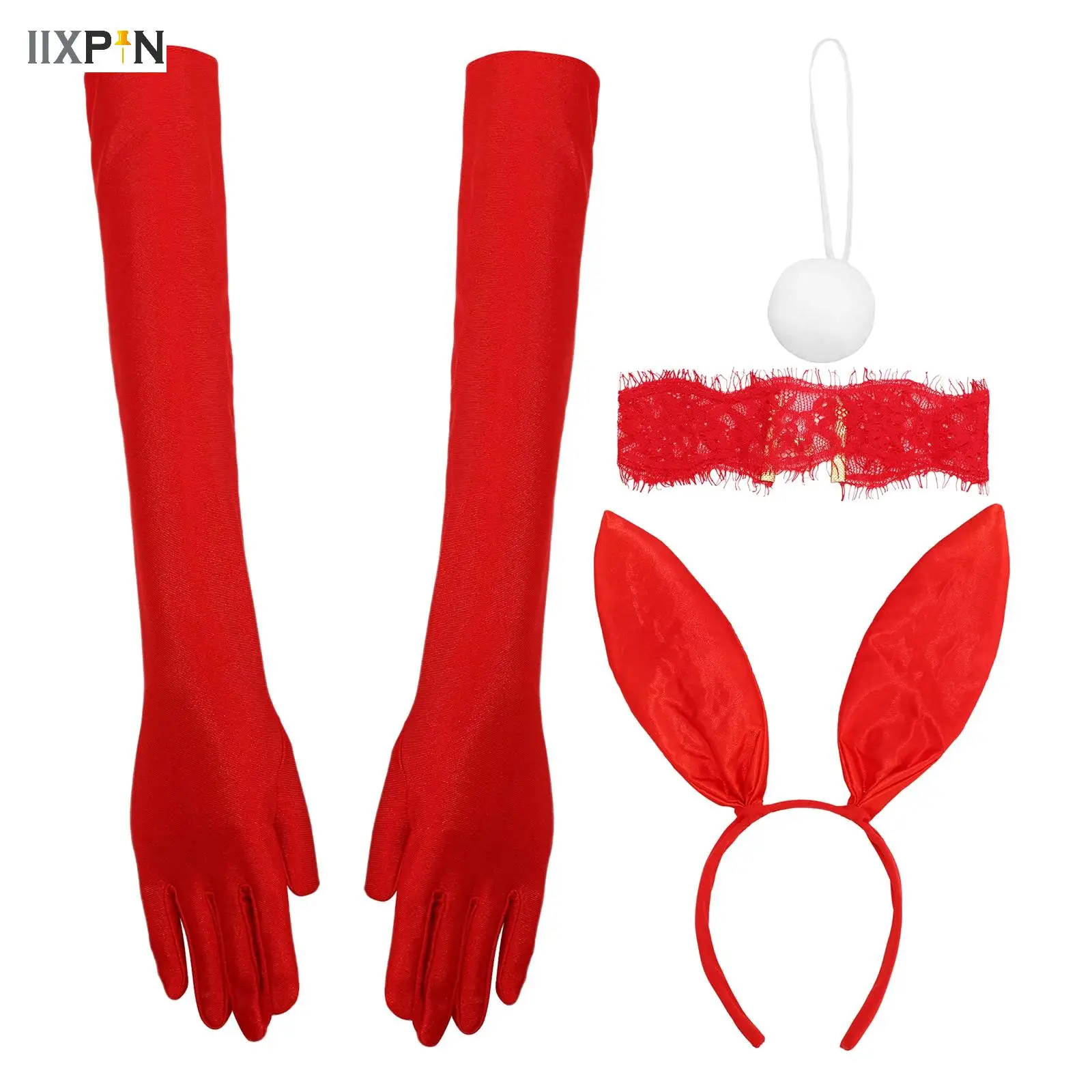 Easter Bunny Costume Accessories Set Rabbit Ear Headwear Long Gloves Lace Choker And Pompom Ball Tail Set for Cosplay Club