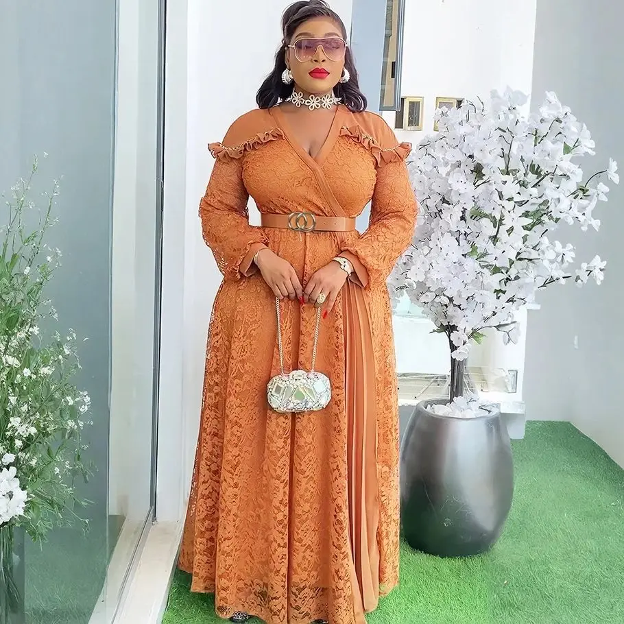 

Elegant African Dresses for Women 2025 New Summer Fashion Africa Clothing Plus Size Muslim Lace Evening Party Long Dress