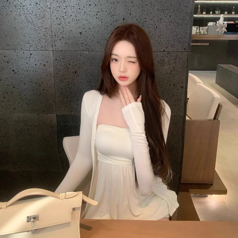 Chic Comfortable Long Sleeve Wrapped Chest Padded Slim Fit Cardigan Two Piece Set High Waist Knitted Cotton Blend Ladies Top