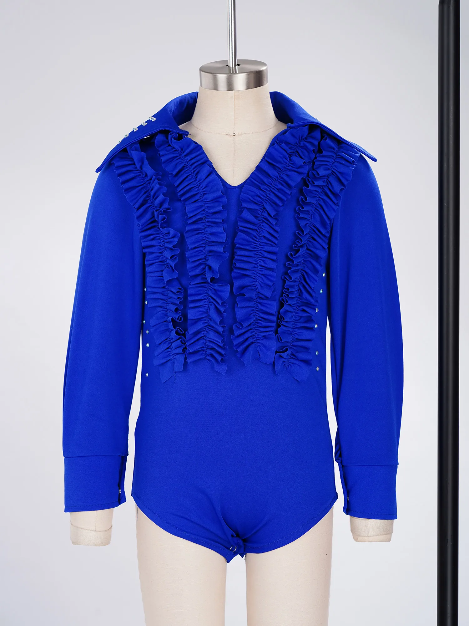 Kids Rhinestone Ballroom Rumba Tango Dancewear Salsa Dancing Leotard Outfit Boys Ruffles Latin Dance Shirts Bodysuits with Pants