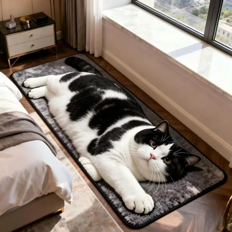 3D Realistic Cat Shaped Rug Soft Fluffy Bedside Runner Non-slip Floor Mat Absorbent Washable Plush Carpet for Bedroom Bathroom