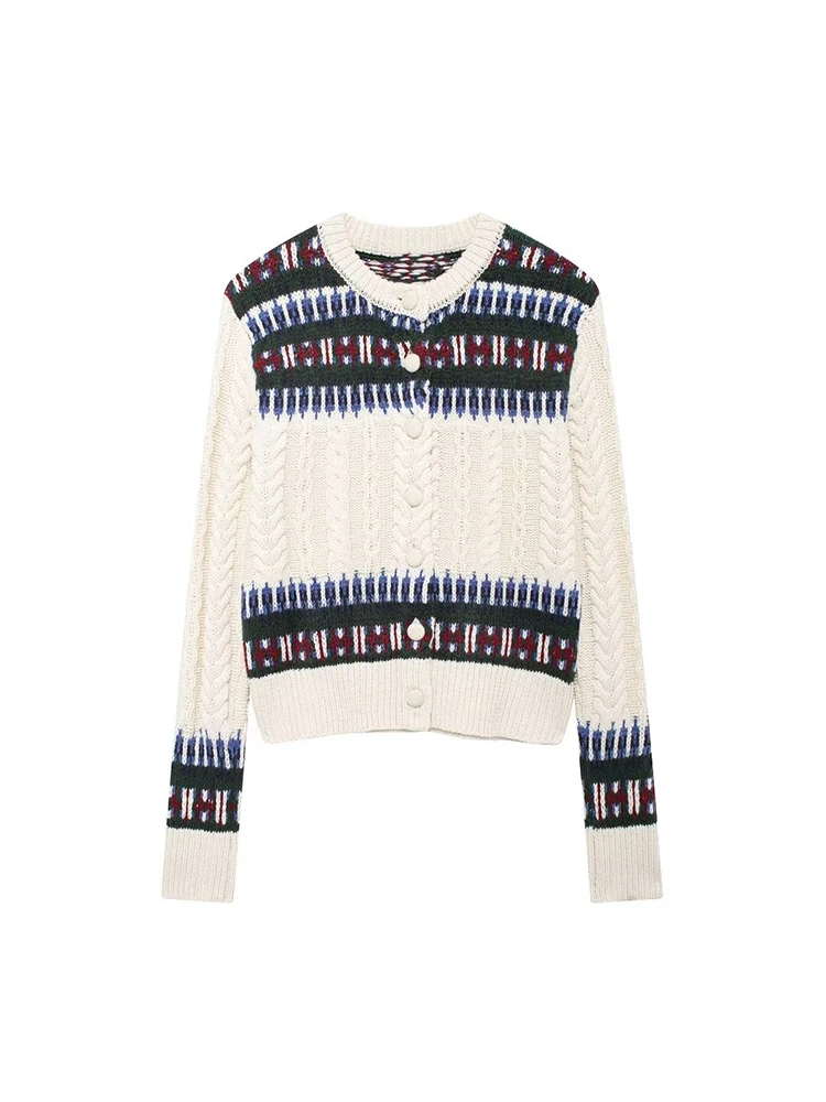 

Willshela Women Fashion Jacquard Print Single Breasted Knitted Sweater Vintage O-Neck Long Sleeves Female Chic Lady Tops Outfits