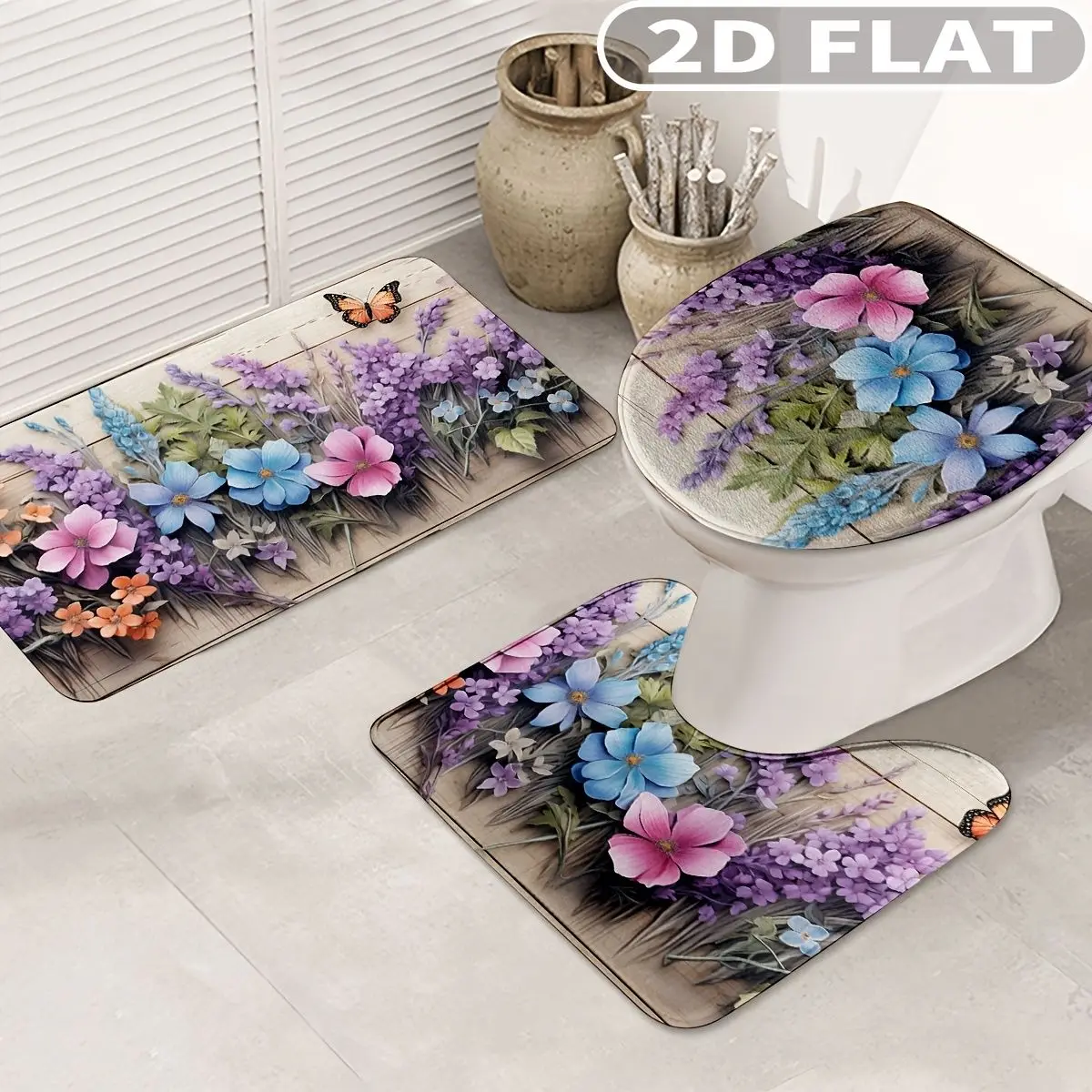 

3pcs Bathroom Rug Set Floral With Colorful Flowers And Butterflies 3pcs Bath Mats Set for Bathroom Non-Slip Cover Mat