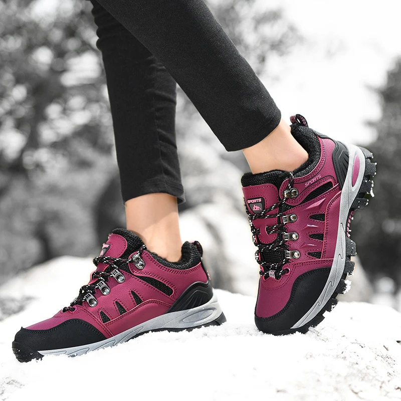 Winter Plush Warm Outdoor Snow Hiking Shoes Women High Quality Waterproof Ankle Sneakers Ladies Non-slip Trekking Walking Boots