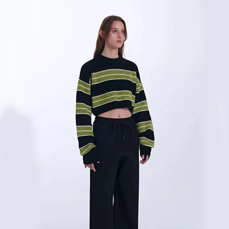 Y2K maglione lavorato a maglia Crop a righe verdi donna coreano Vintage Streetwear Pullover manica lunga donna maglione corto tutto-fiammifero