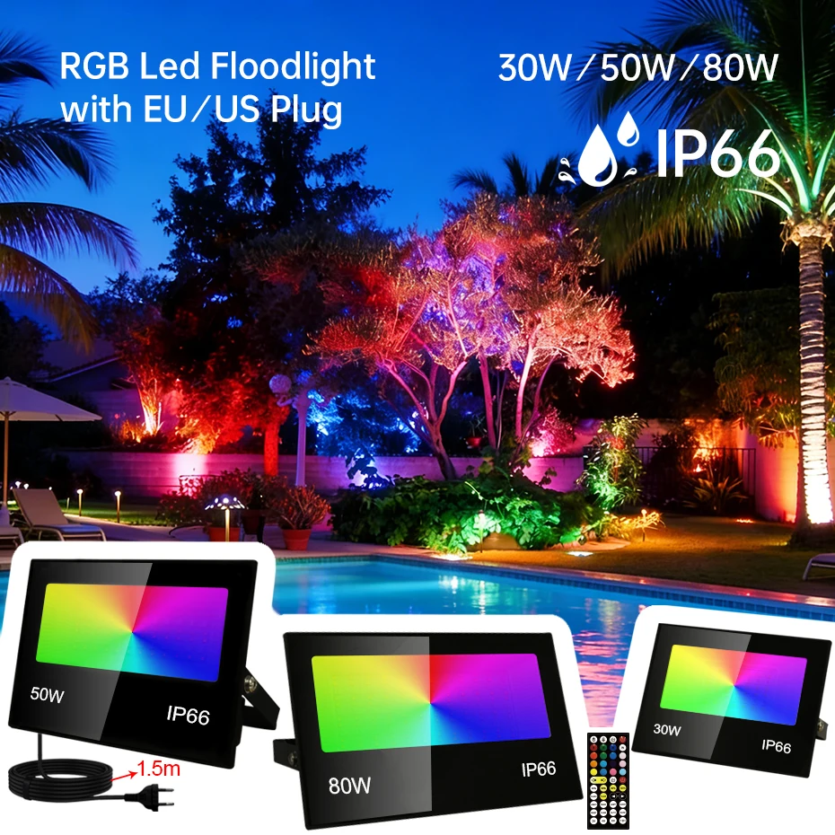 

RGB LED Flood Light 30W 50W 80W AC220V AC110V Outdoor Led Spotlight Floodlight IP66 Waterproof Street Lamp RGBWW Garden Lighting