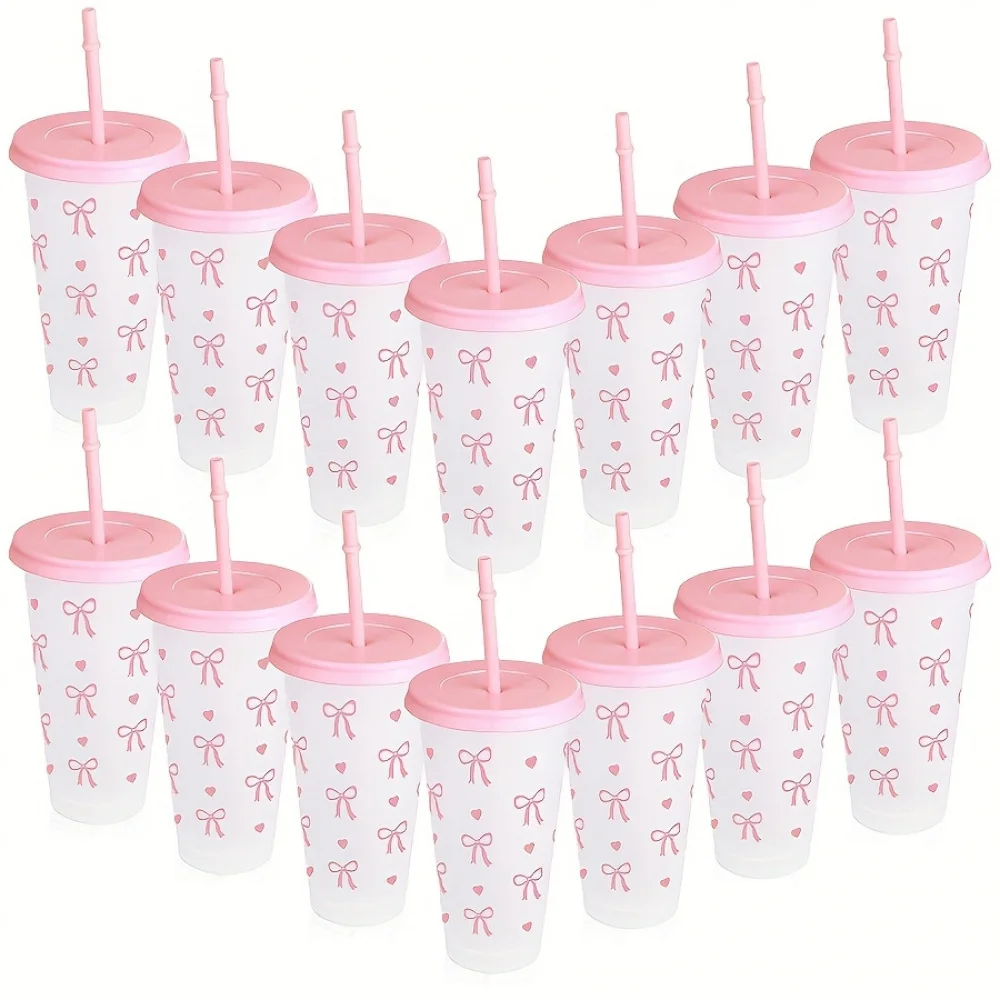 10/20/30 Pack 24oz Pink Bow Plastic Cups Tumblers, Reusable Cup, Iced Coffee Cup With Straw And Lid, Suitable Mother's Day, Dates, Birthday Parties, Outdoor Activities, Daily Use And Camping Summer Drink Cup Valentine's Day,, Mother's Day, Halloween