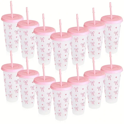 Plastic Cups With Straw 10/20/30 Pack 24oz Pink Blue Bow Plastic Cups Tumblers, Reusable Cup, Iced Coffee Cup With Straw And Lid, Suitable Mother's Day, Dates, Birthday Parties, Outdoor Activities, Daily Use And Camping Summer Drink Cup Valentine's Day,, Mother's Day, Halloween
