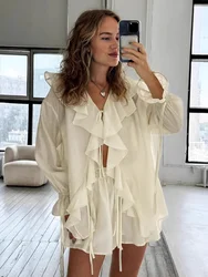 2025 Summer Fashion New Women's Elegant Shorts Set with Ruffle Edge Temperament Casual Sports Tie Up Two-piece Set