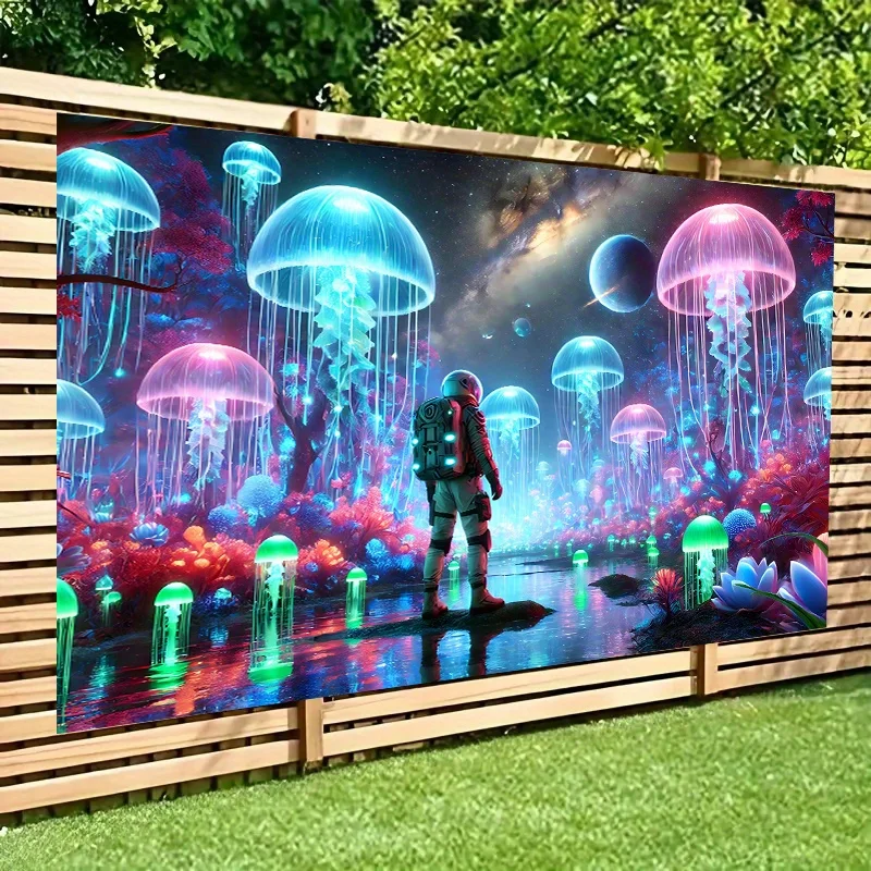 Vibrant Astronaut in Jellyfish Forest Backdrop - 8x6ft Polyester Wall Tapestry with Cosmic Bodysuit & Starry Space Background