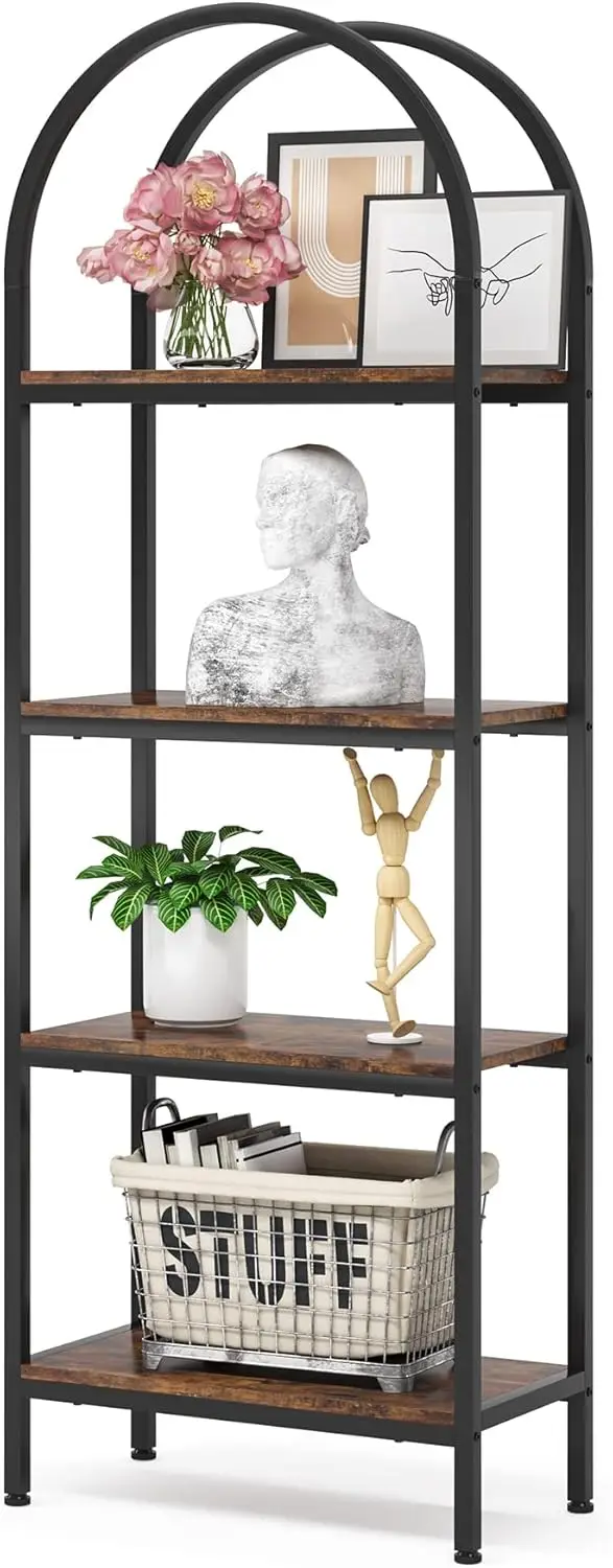 Little Tree 4-Tier Arched Bookshelf, Tall Open Bookcase Storage Shelves, Wood Metal Freestanding Display Rack Tall Shelving