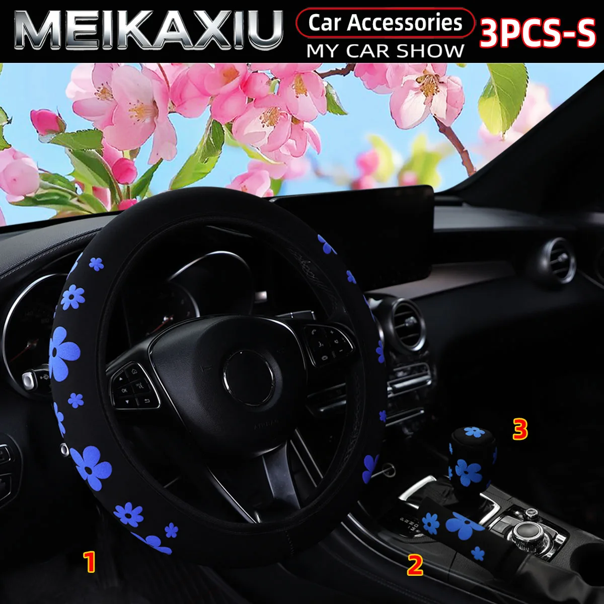 3-teiliges Set Schaumstoffblumen 3D Stoff Auto Lenkradbezug Handbremsenbezug Schalthebelbezug Auto-Zubehör für Frauen – Detail 9