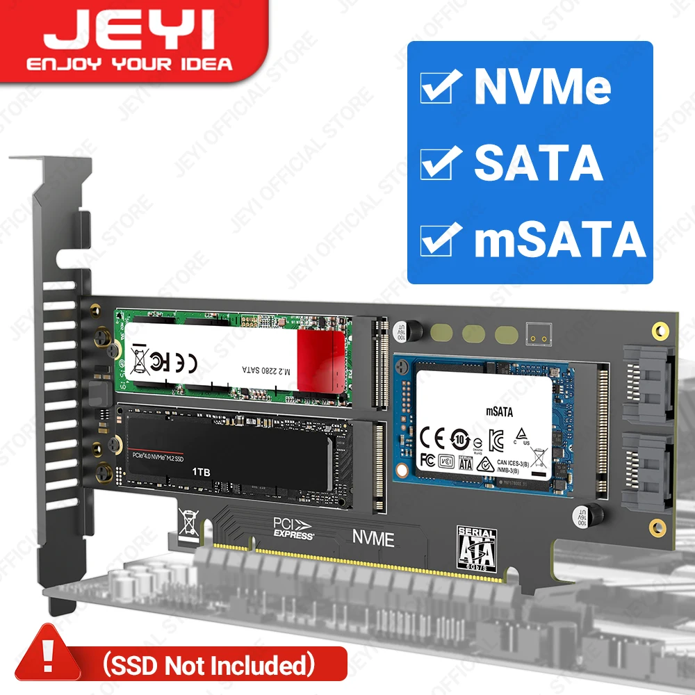 Karta adaptera JEYI NVMe NGFF i mSATA SSD PCIe 4.0/3.0, konwerter 3 w 1 M.2 NVME na PCIE/M.2 SATA SSD na SATA III/mSATA na SATA