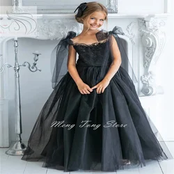 Flower Girl Dresses Black Tulle Appliques With Bow Sleeveless For Wedding Party Birthday Banquet Princess Gowns