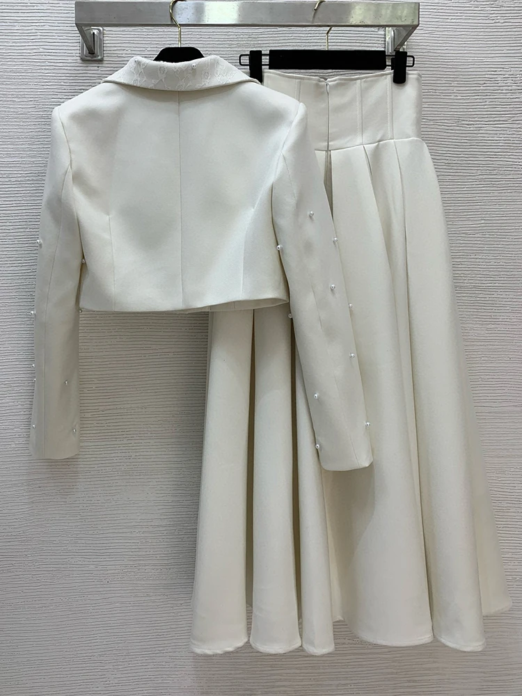Autumn 2025 New Lapel Single-Breasted Beaded Jacket + High Waist A-Shaped Skirt Elegant and Fashionable Two-Piece Women's Suit
