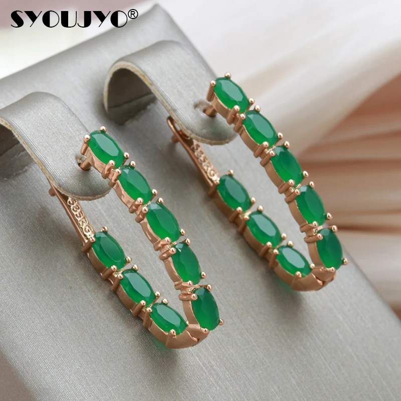 SYOUJYO Full Green Natural Zircon Long Women's Earring 585 Rose Gold Color Vintage Bride Wedding Jewelry Luxury Design Best Gift