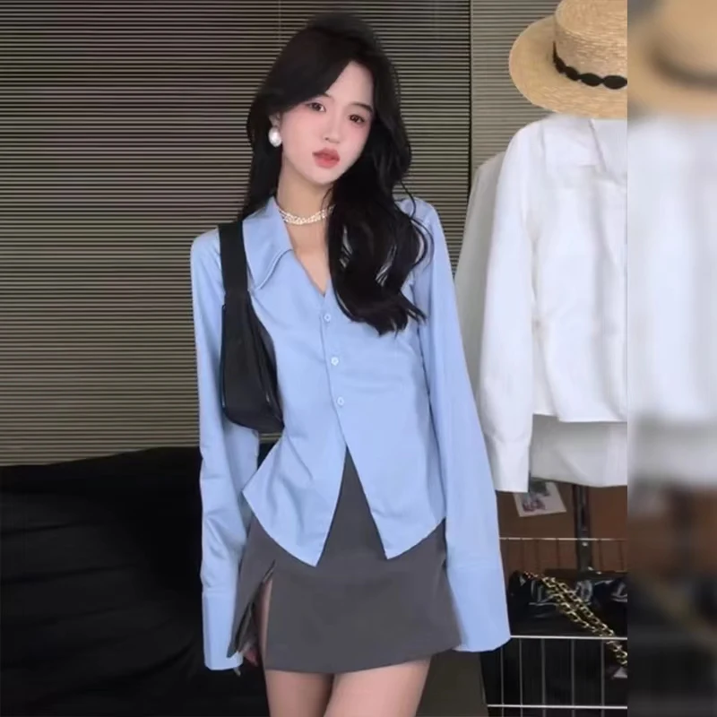 

Blue Women's irt Waist-Cut V-Ne Faionable Spring Autumn Design Sense Small ence Straight Tube Long Sve Button Pu...