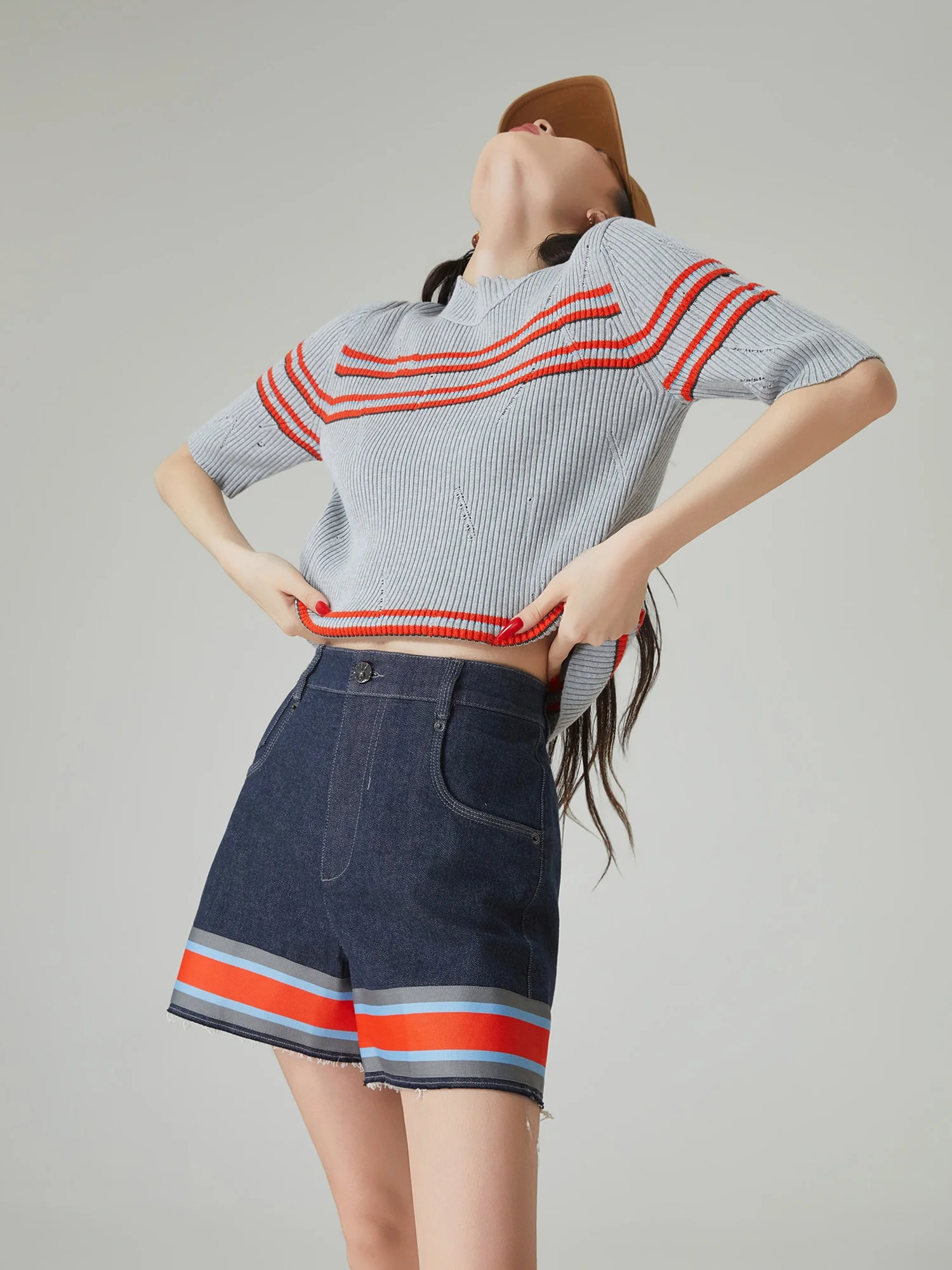 

Slim Fit Stripe Splice Knitted ort Sve Crew Ne Pullover Women's Vintage Sle Polyester Fiber Commute Appropriate T-irt