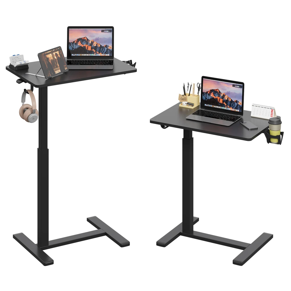 Black Mobile Sit-Stand Laptop Desk 26"19", Side Column Height Adjustable Gas Spring Table with Wheels, Portable Office Cart Equipped with Cup Holder and Headphone Hook