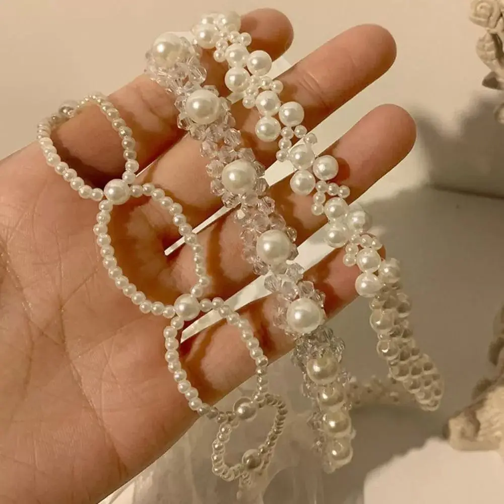 Diadema trenzada de plástico con cadena para el pelo, accesorios para el cabello, diadema de encaje con perlas, color blanco