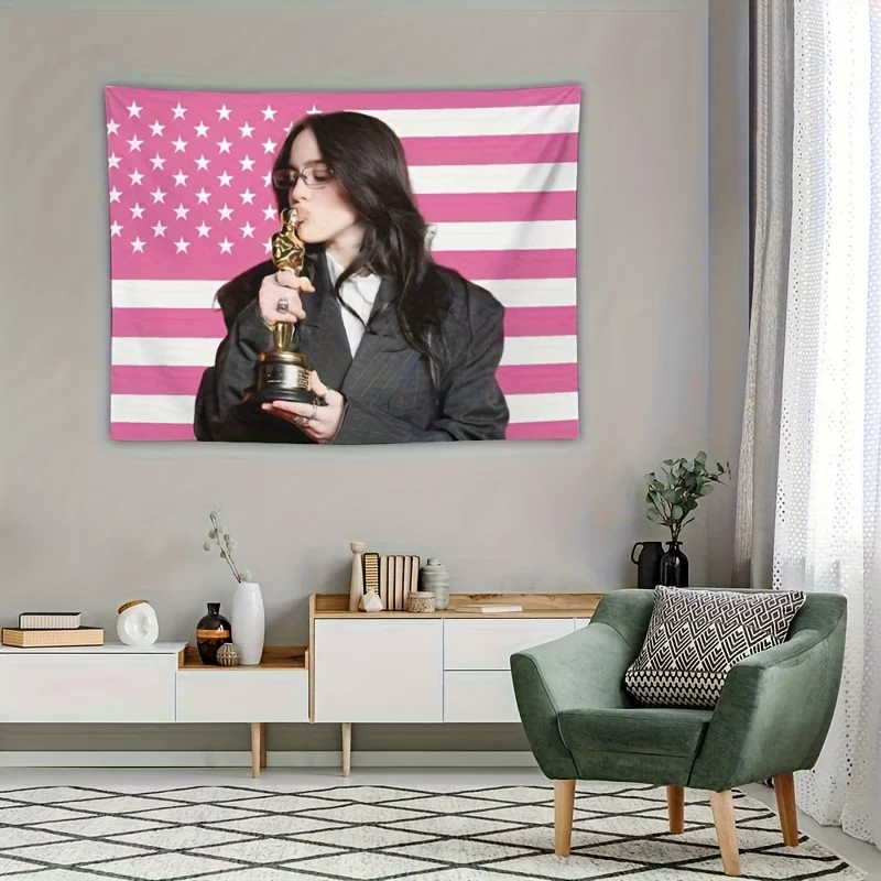 1pc Billie Eilish Oscar Tapestry, Pink American Flag Wall Hanging, Cool Room Stuff, Large Size, Polyester 2D Print, Bedroom Stuf
