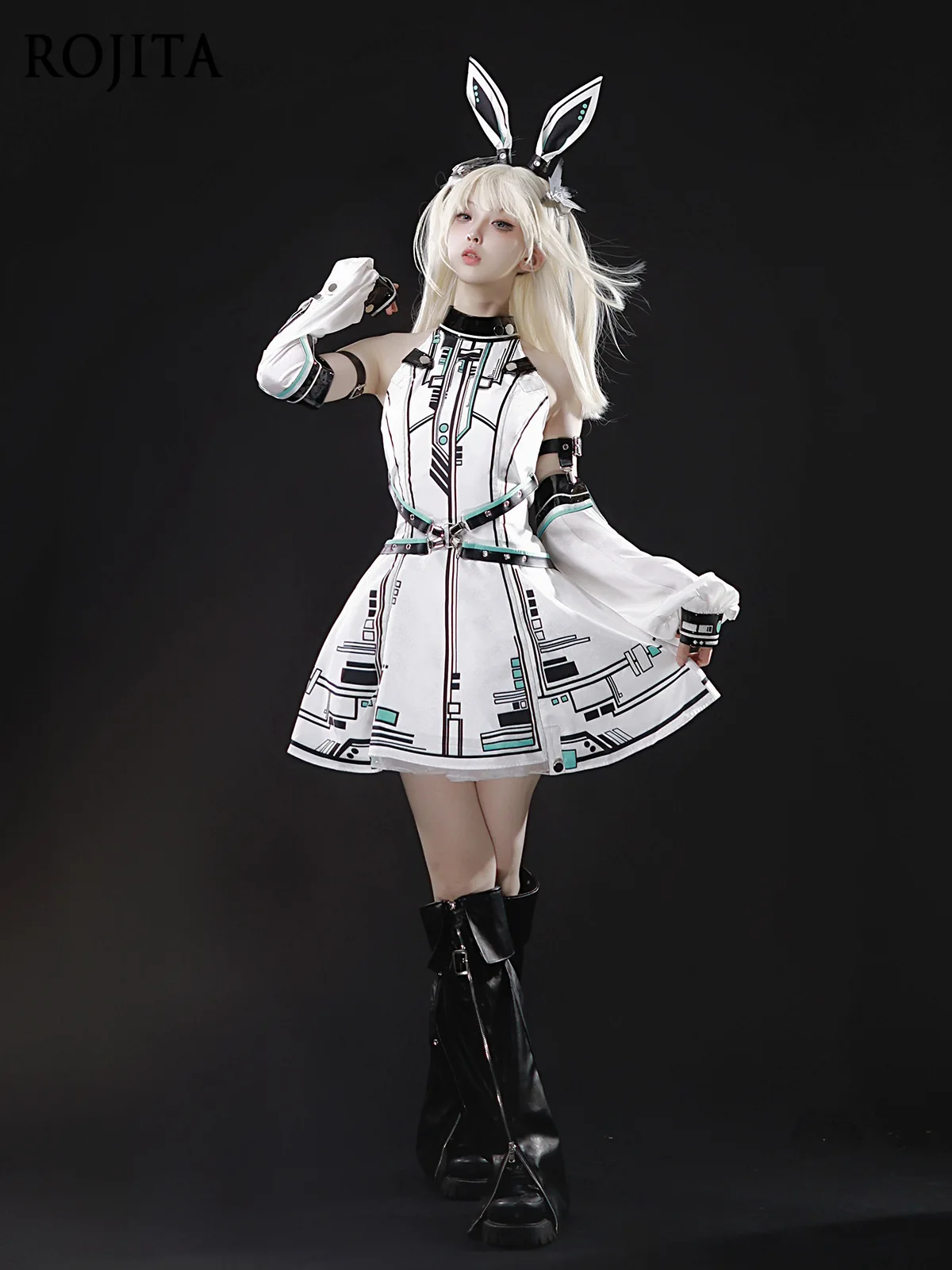 

Future Warrior Lolita Future Functional Mechanical Girl Subculture Cyberpunk Suit Dress and Arm Sleeves and Headband 3-piece Set