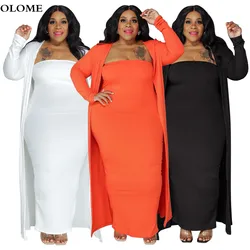 2022 Summer Autumn Big Size 4XL Women Two Pieces Set Fashion Full Sleeves Long Cardigan + Strapless Bodycon Dress Party Suit