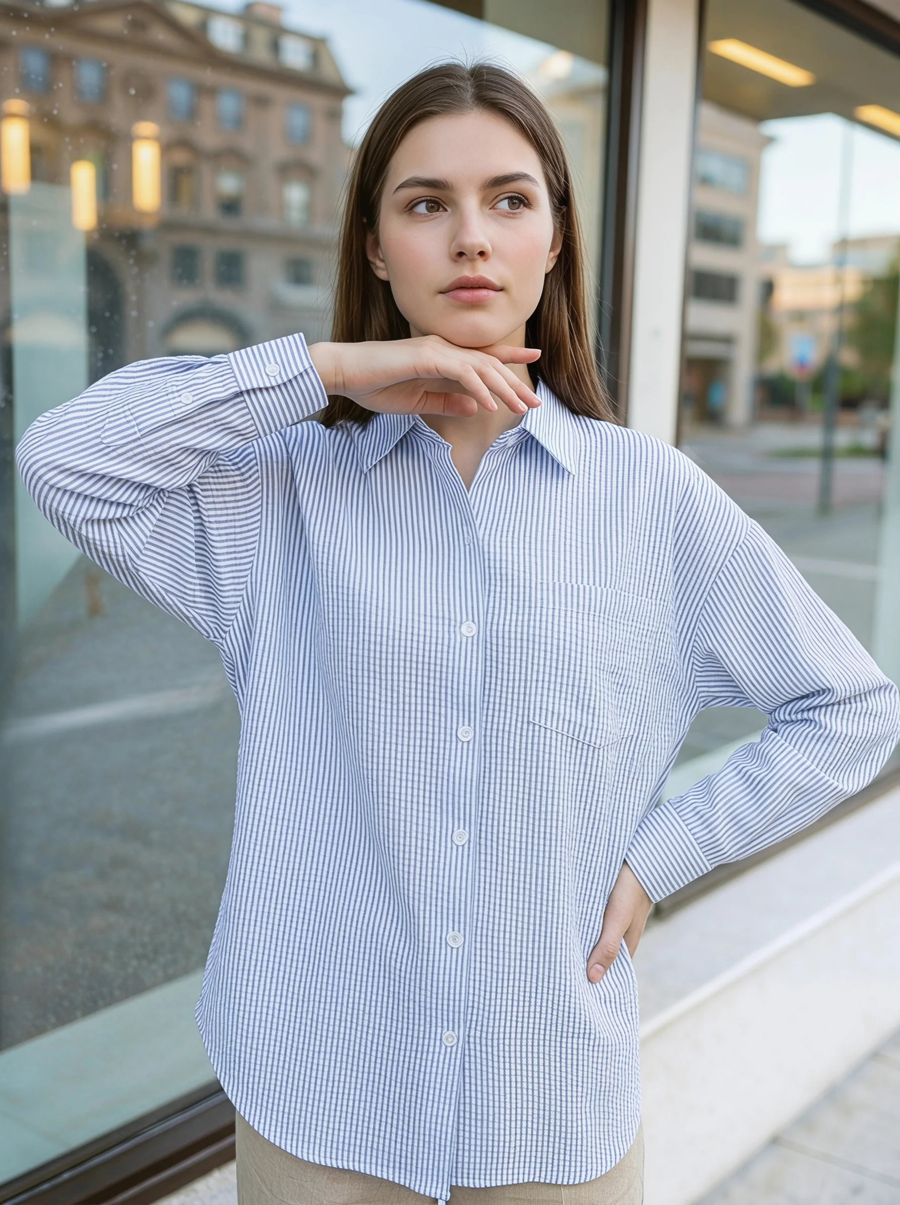 

Rosa fera Women's Vertical Stripe Shirt Long Sleeve Relaxed Fit Turn Down Collar Casual Blouse Top