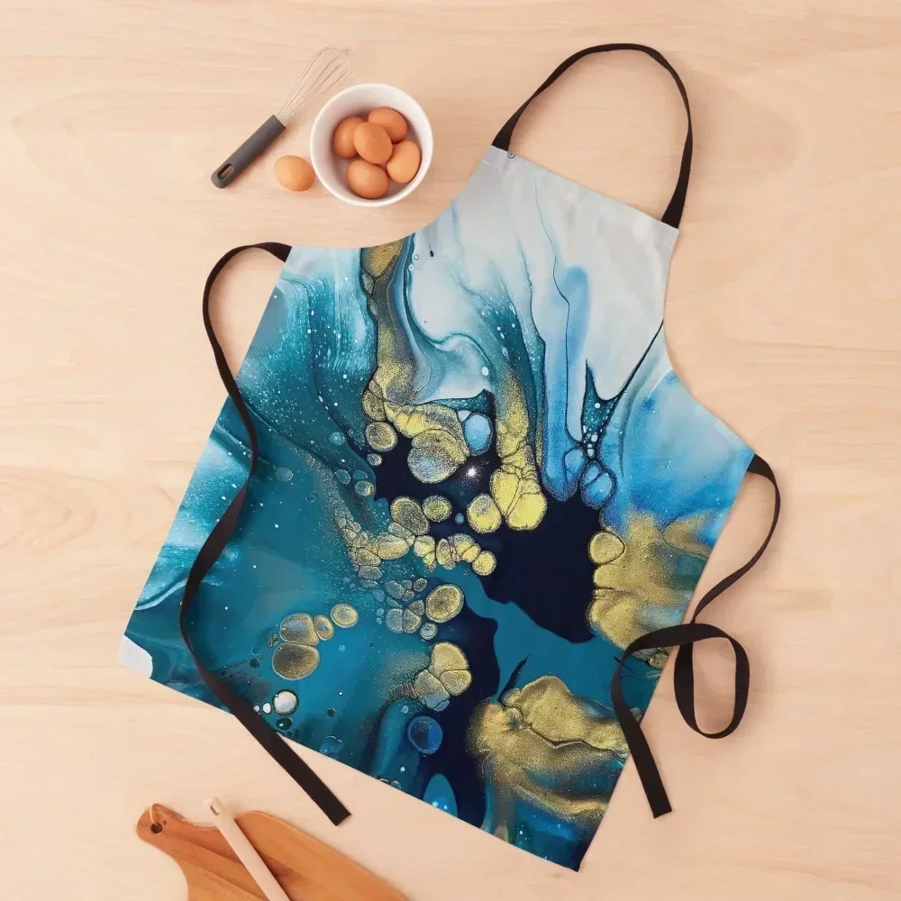 

Beautiful Blues and 24K Gold Abstract Fluid Art Painting Apron waterproof for women beauty master Teacher Apron