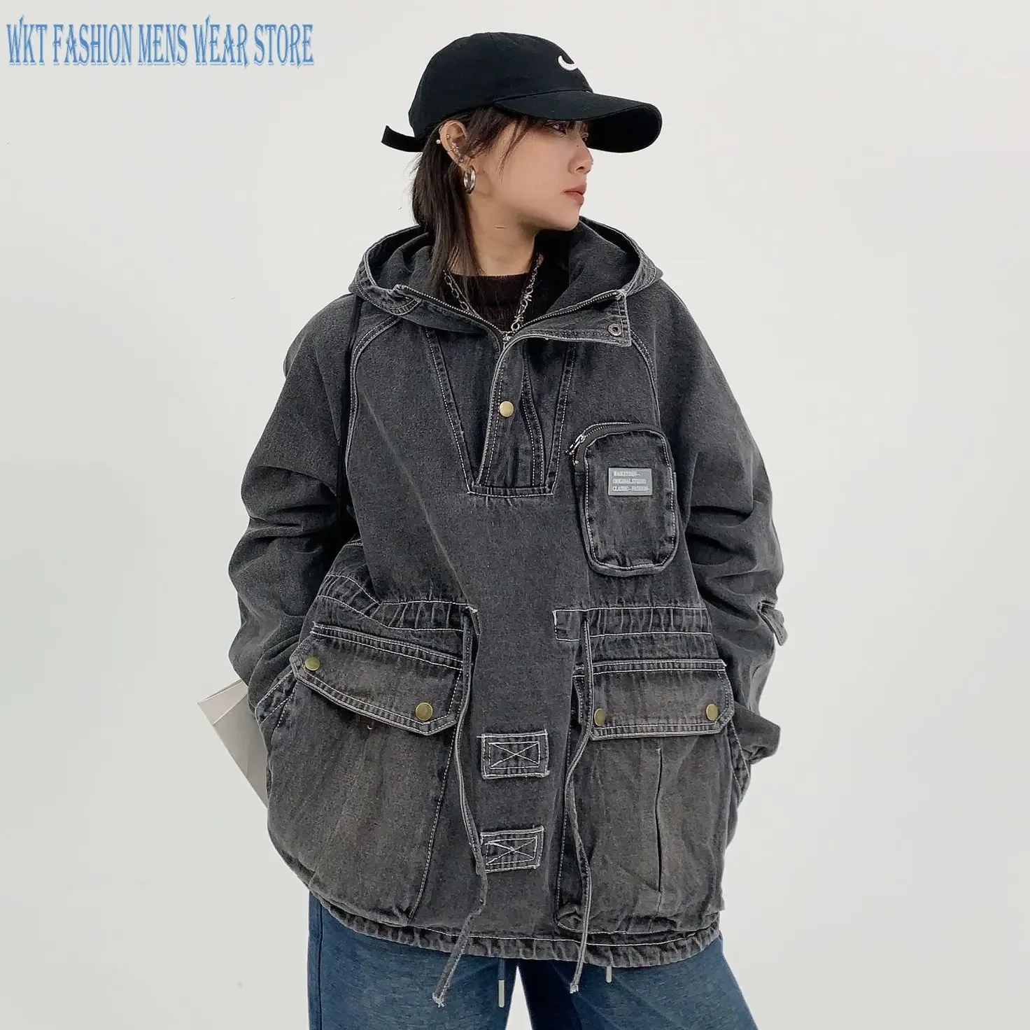 Denim Jacket Loose Retro Leisure Pullover for Women and Men Coats Motorcycle Sleeve Length Casual Outerwear Pocket Streetwear