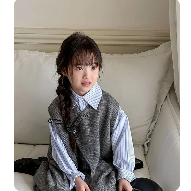 Girls Suit 2024 Autumn New Childrens Wear Korean Style Girl Baby Foreign Style Vest Knit Pants Two-piece Set Casual Simple Daily