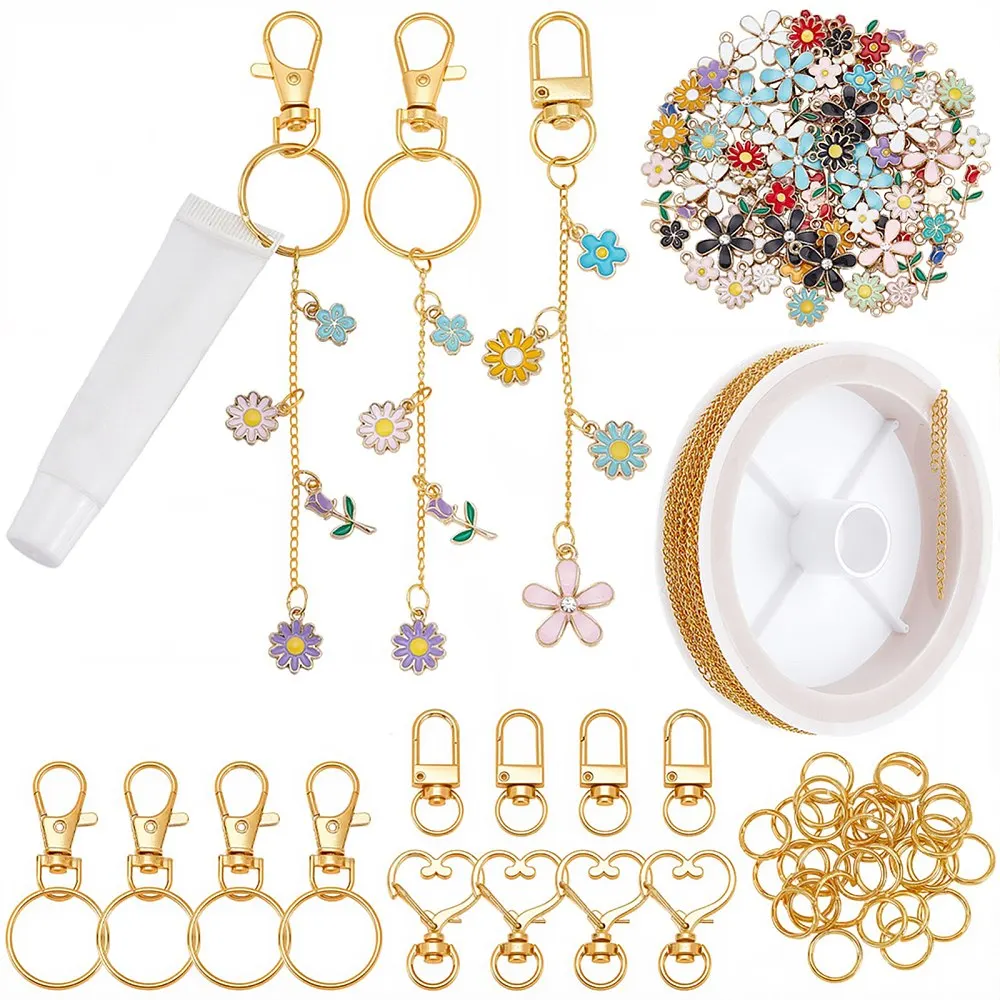 214Pcs Lip Gloss DIY Keychain Making Kits Include 10m Gold Chains Enamel Flower Charms Pendants Open Jump Rings Alloy Keychain