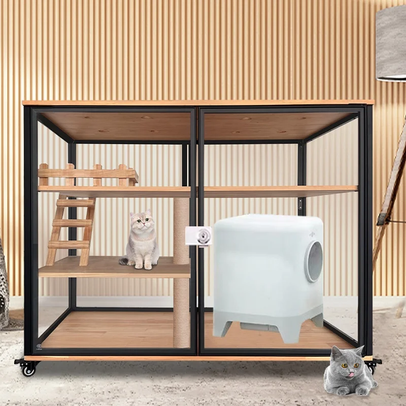 Luxury Panoramic Cat Cabinet Transparent Solid Wood Aluminum Alloy Button Wholesale Pet House Cats Dogs Luxury Cat Cage Dog