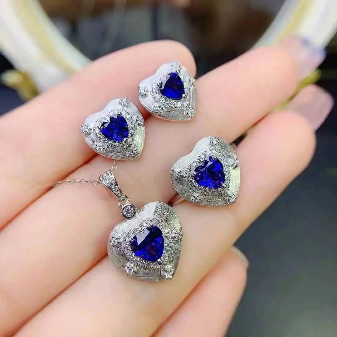 925 Sterling Silver Love Heart Sapphire Set Natural Real Sapphire 1pc ring,1pc pendant,2pcs earrings