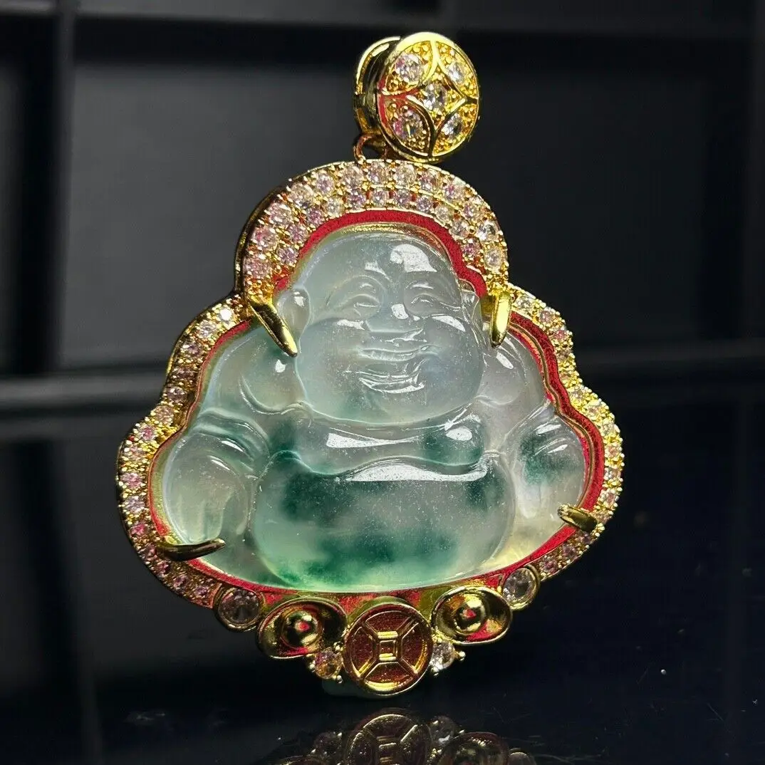 Certified Nature inlay ice white Jade Jadeite Carved Buddha Pendant&Necklaces Buddha God