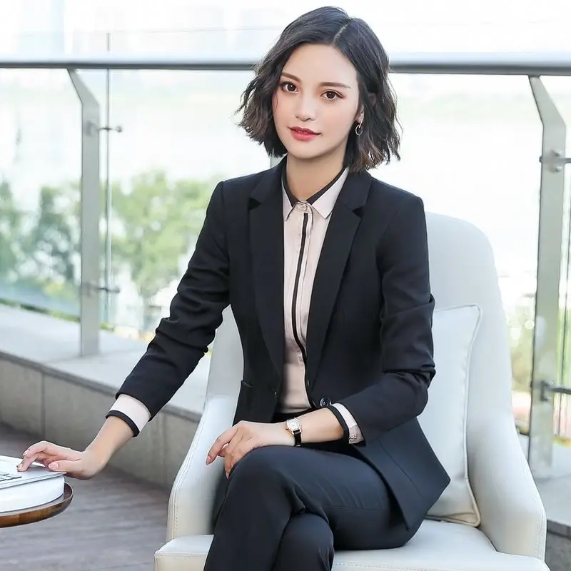 Blazer da lavoro solido da donna premium Nero con un bottone su misura Elegante abbigliamento da lavoro per hotel Cappotto professionale Primavera Autunno