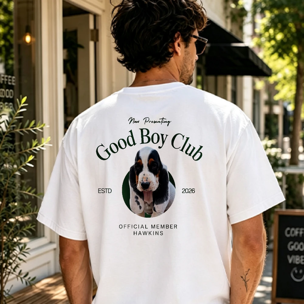 Good Boy Club Basset Hound Circular Vintage Badge Est 2025 Letter Print T Shirt Cotton Tee Classic Puppy Club Retro Casual Tops