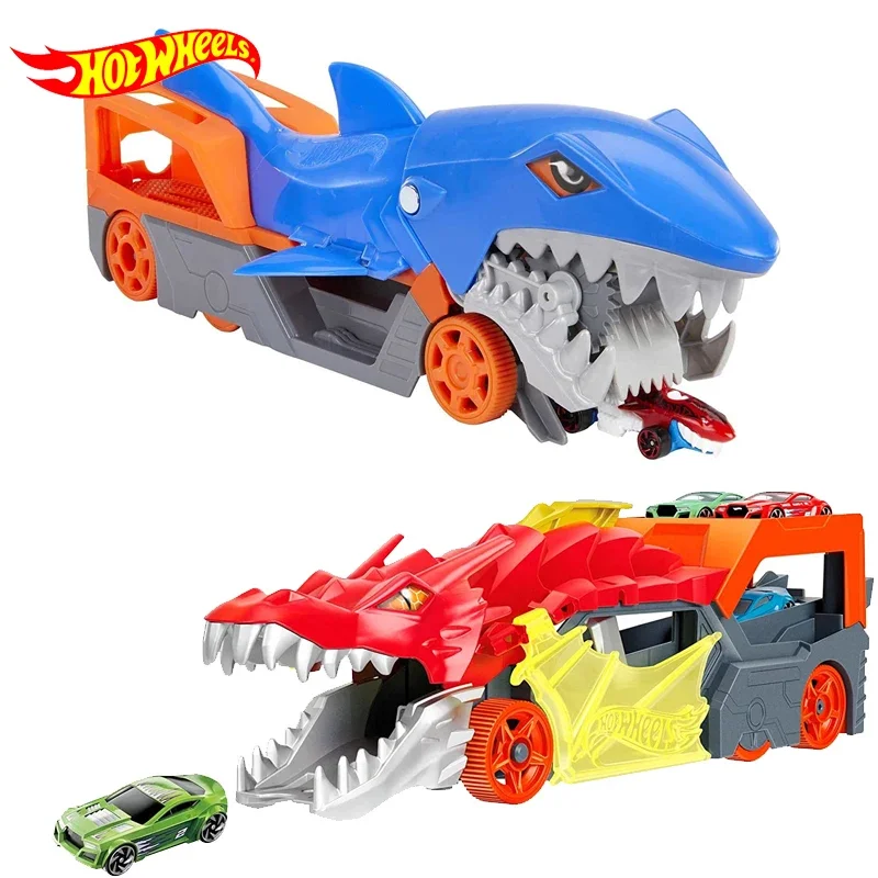 Original Hot Wheels Car Truck Shark Chomp Transporter Diecast 1/64 Car Storage Carrier Dragon Launch Boys Toys for Children Gift