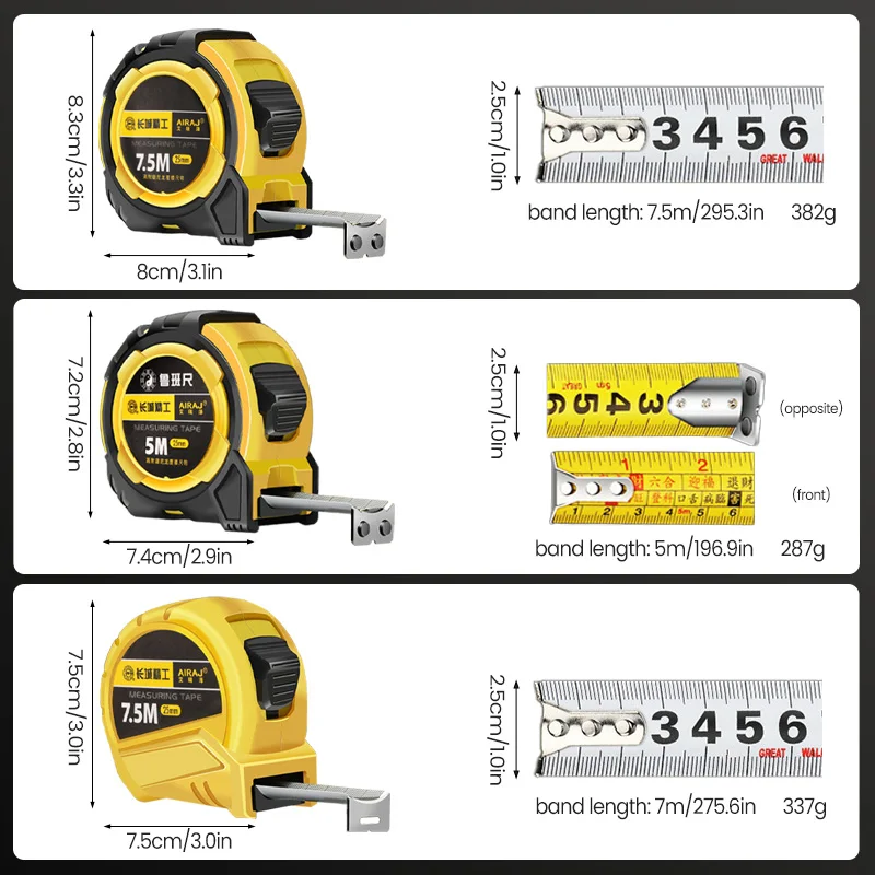 AIRAJ 5/7.5m Misura di nastro per strumento di misurazione manuale multiuso portatile ispessito resistente all'usura e antigoccia ad alta precisione