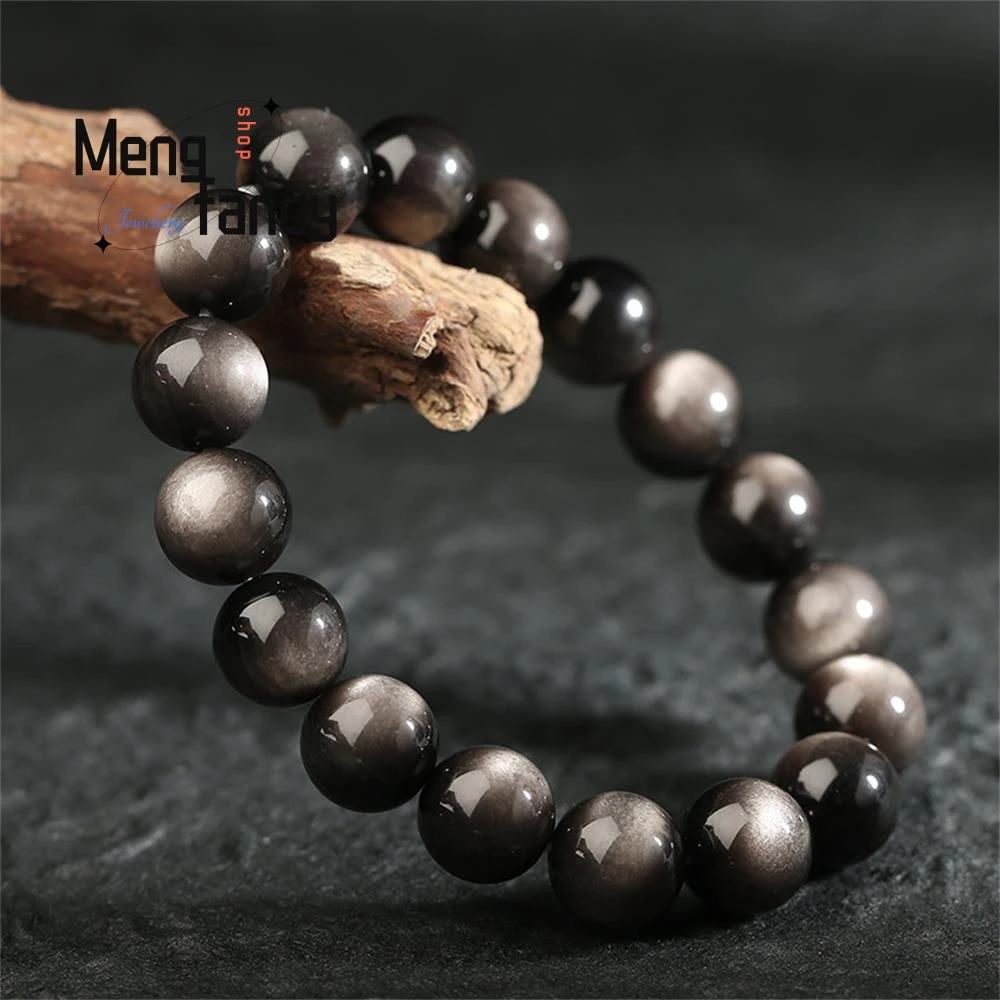 

Natural Silver Obsidian Bangle Round Beads String Charms Luxury Bracalet Fashion Personalized Men Women Holiday Gifts Jewelry