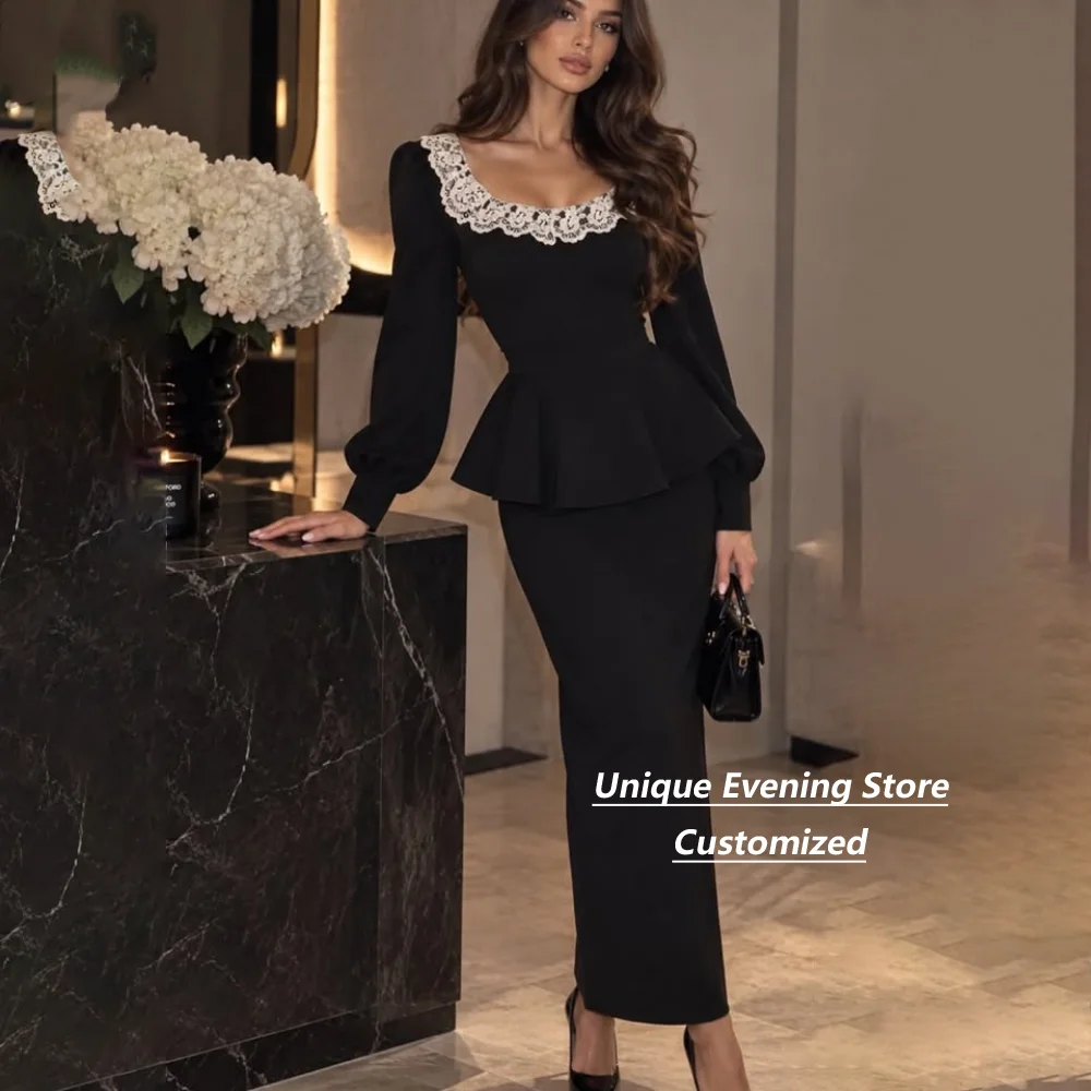 Customized Black Scoop Neck Lace Collar Long Puff Sleeve Peplum Midi Evening Dress Back Slit Formal Party Dress For Women