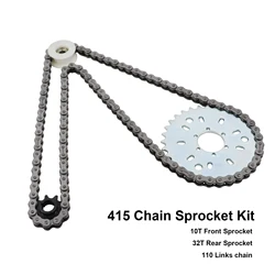 415 32T  Rear & 10T Front Sprocket & Chain 110 Links for 49CC 60CC 80CC Motorized Bicycle Bike Moped chain 9 Hole Sprocket Kit