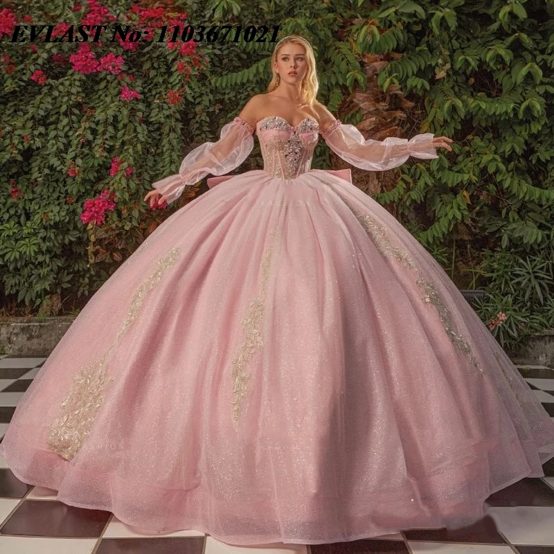 Evlast Roze Quinceanera Jurk Baljurk Goud Kant Applique Lange Mouw Kralen Strik Sweet 16 Vestidos De Xv 15 Anos Sq104