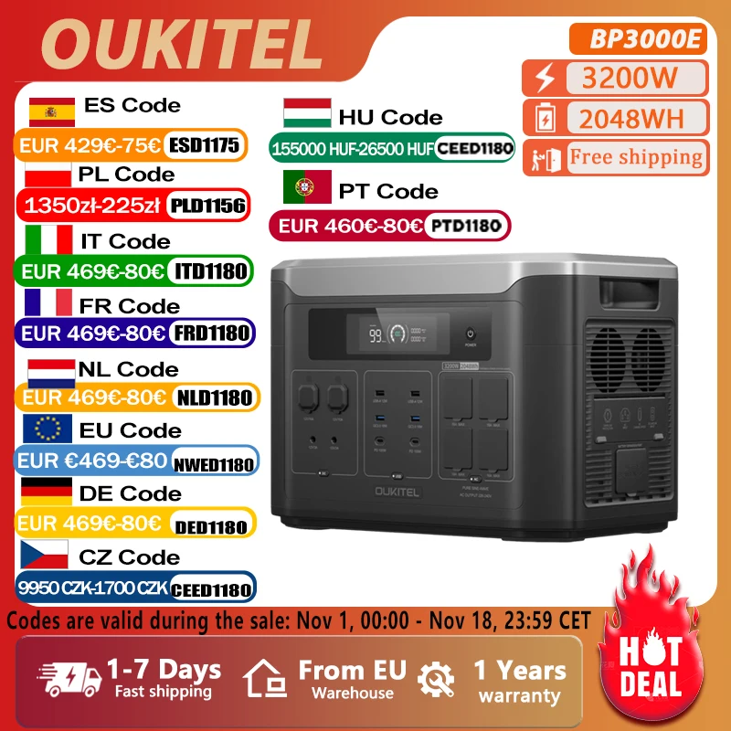 Station d'alimentation portable OUKITEL BP3000E 3200W, batterie LiFePO4 2048Wh, générateur solaire, prise EU 220V, onduleur à onde sinusoïdale pure, recharge rapide par prise murale et solaire, sauvegarde en cas de panne de courant domestique, camping-car, camping, pêche, pique-nique, stockage hors réseau sur balcon, dispositif médical d'urgence
